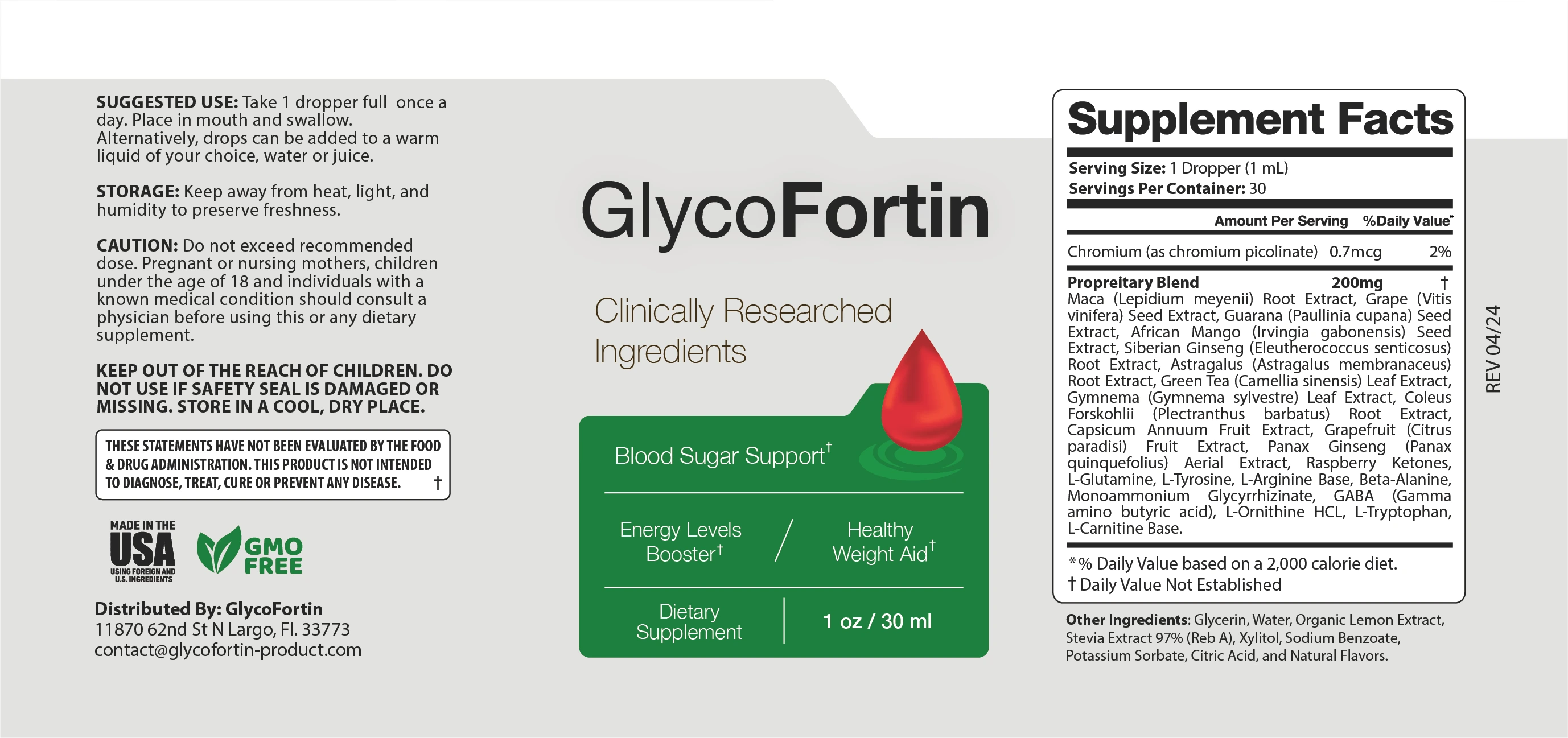 GlycoFortin Supplement Facts and full bottle directions